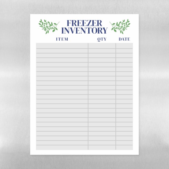 Elegant Greenery Navy Text Freezer Inventory Magnetic Dry Erase Sheet (Vertical)