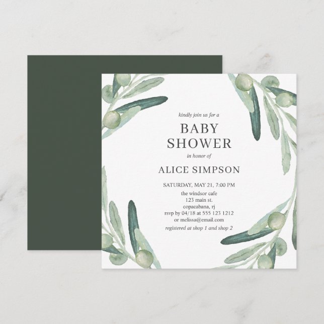 Elegant Greenery Olive Baby Shower Invitation (Front/Back)