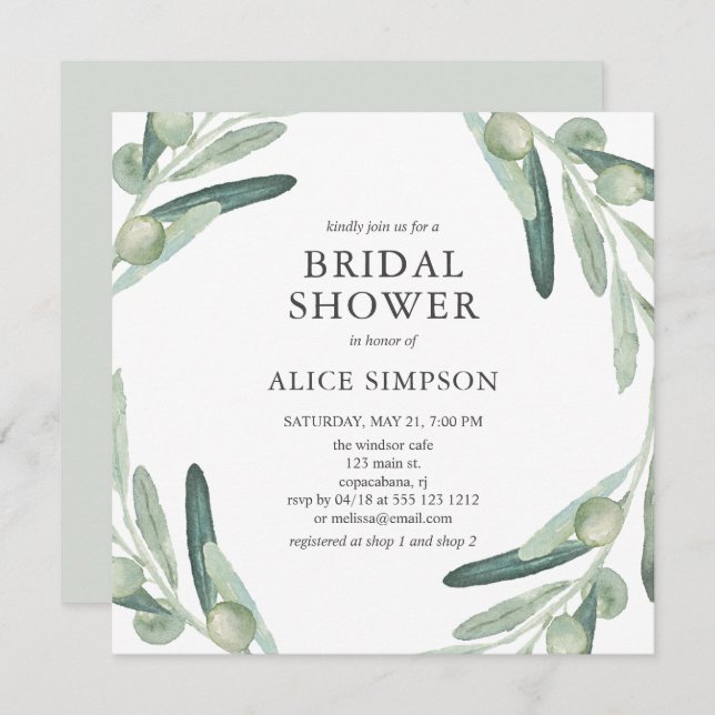 Elegant Greenery Olive Bridal Shower Invitation (Front/Back)