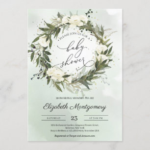Elegant Greenery Olive Wreath White Roses Baby Invitation