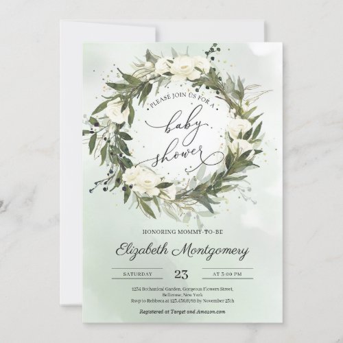 Elegant Greenery Olive Wreath White Roses Baby Invitation