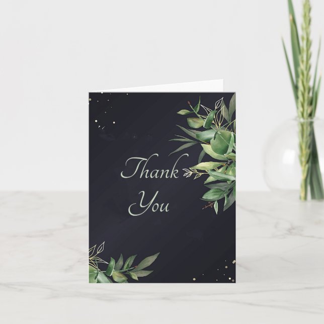 Elegant greenery on black  thank you card (Front)