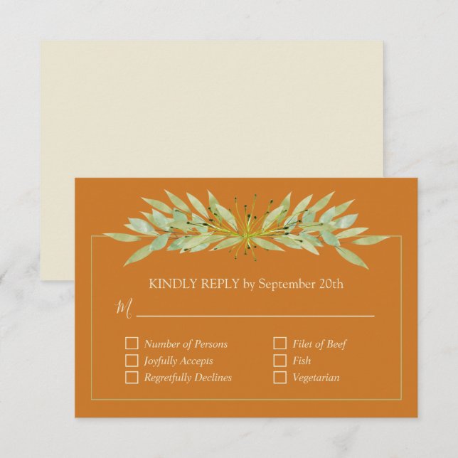 Elegant Greenery on Ochre Wedding RSVP Card (Front/Back)