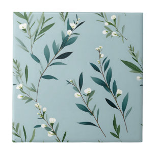 Elegant Greenery On Soft Dusty Blue Ceramic Tile