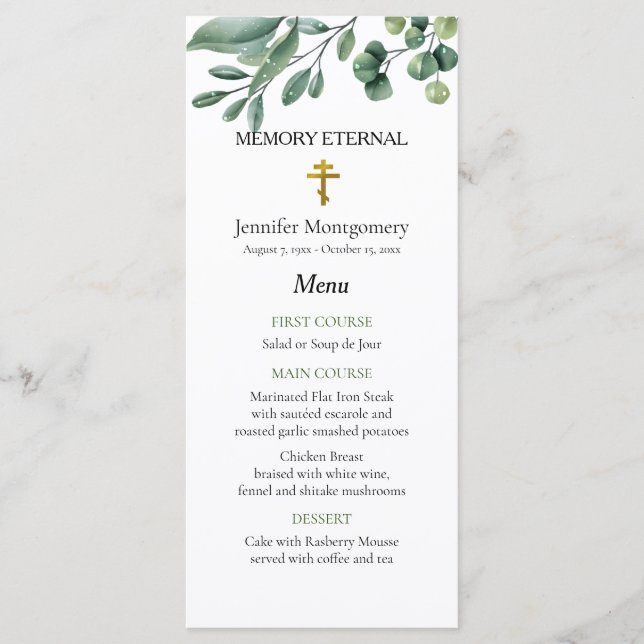 Elegant Greenery Orthodox Christian Funeral Menu (Front)