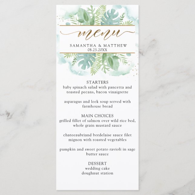 Elegant Greenery, Pale Green and Blue Watercolor Menu (Front)