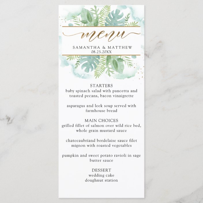 Elegant Greenery, Pale Green and Blue Watercolor Menu | Zazzle.com