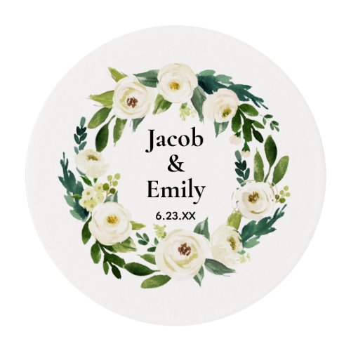 Elegant Greenery Personalized Names Date Wedding Edible Frosting Rounds