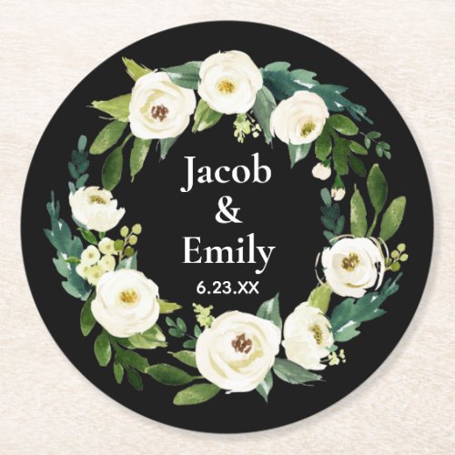 Elegant Greenery Personalized Names Date Wedding Round Paper Coaster