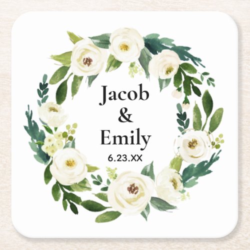 Elegant Greenery Personalized Names Date Wedding Square Paper Coaster
