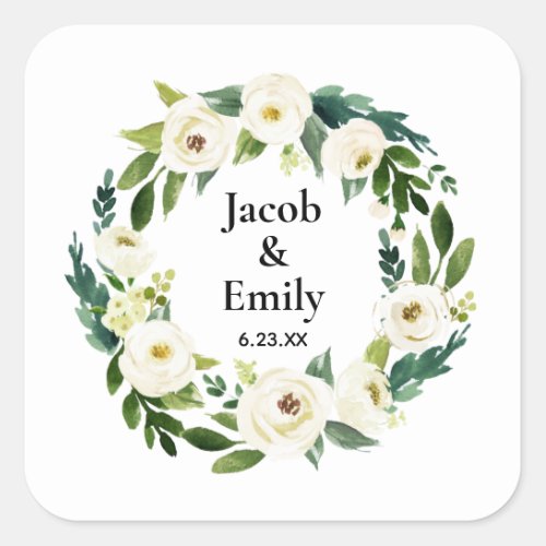 Elegant Greenery Personalized Names Date Wedding Square Sticker