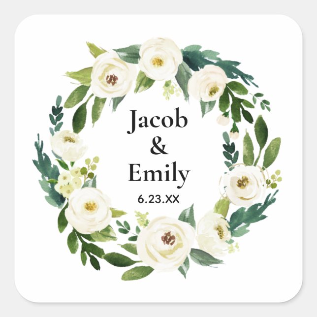 Elegant Greenery Personalized Names Date Wedding Square Sticker (Front)