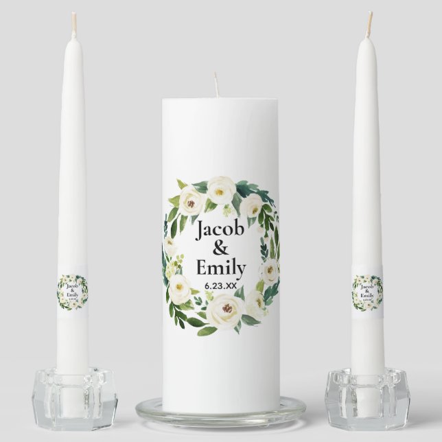 Elegant Greenery Personalized Names Date Wedding  Unity Candle Set (Front)