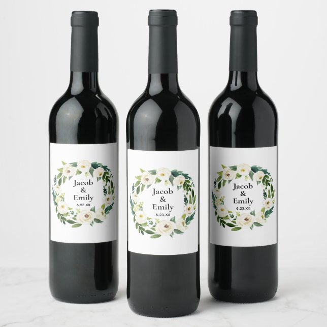 Elegant Greenery Personalized Names Date Wedding Wine Label (Bottles)