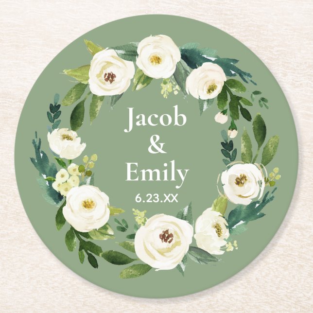 Elegant Greenery Personalized Names Sage Wedding Round Paper Coaster (Front)