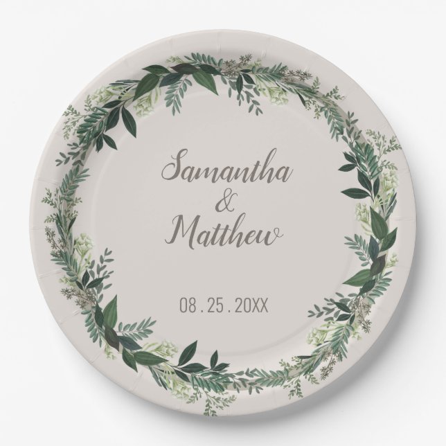 Elegant Greenery Personalized Wedding Paper Plates (Front)