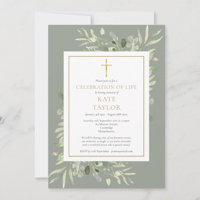 Elegant Greenery Photo Celebration of Life Funeral Invitation (Front)