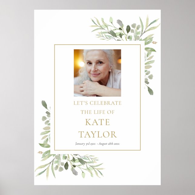 Elegant Greenery Photo Celebration of Life Sign (Front)