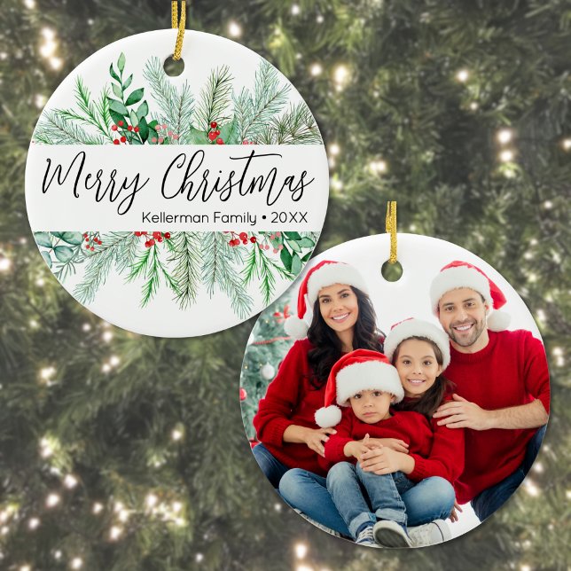 Elegant Greenery Photo Christmas Ceramic Ornament (Elegant Bontanical Greenery Photo Merry Christmas Ceramic Ornament)