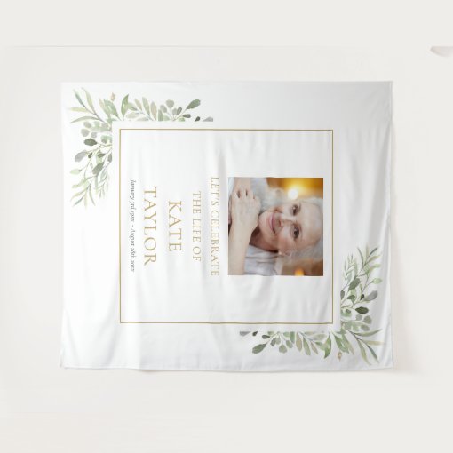 Elegant Greenery Photo Funeral Memorial Service Tapestry Zazzle
