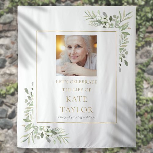 Elegant Greenery Photo Funeral Memorial Service Tapestry