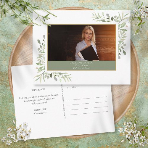 Elegant Greenery Photo Graduation Thank You  Postcard