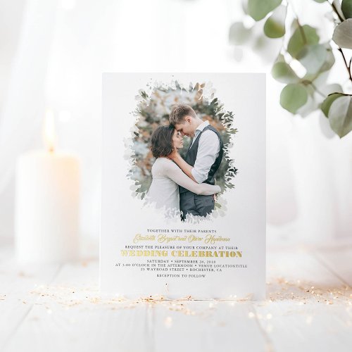 Elegant Greenery Photo Overlay White Wedding Foil Invitation