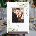 Elegant Greenery Photo Table Number<br><div class="desc">This elegant greenery eucalyptus leaves table number features delicate watercolor leaves with your special photo framed by a gold border. Designed by Thisisnotme©</div>