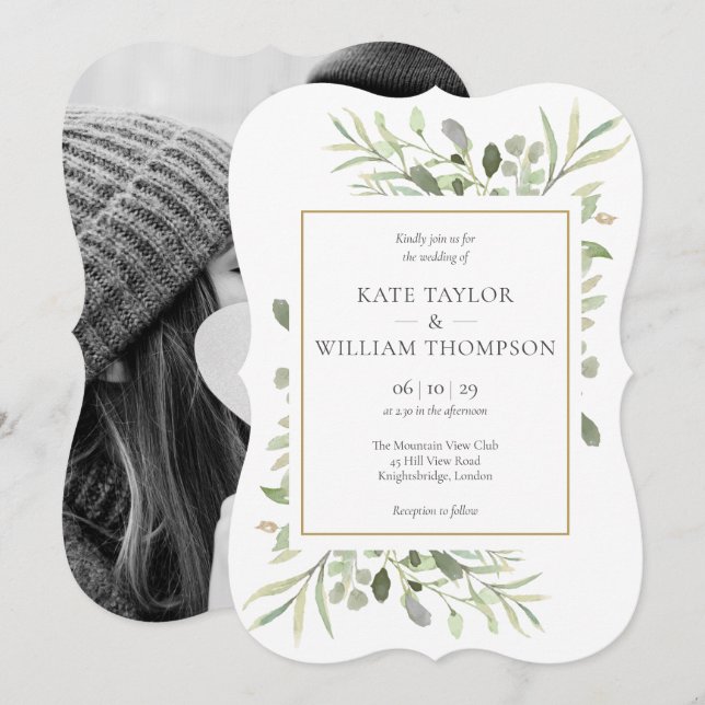 Elegant Greenery Photo Wedding Invitation (Front/Back)