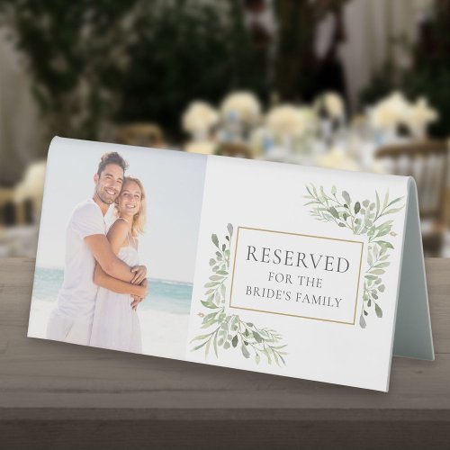 Elegant Greenery Photo Wedding Reserved Table Tent Sign