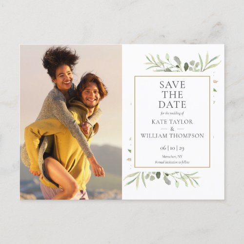 Elegant Greenery Photo Wedding Save The Date Announcement Postcard