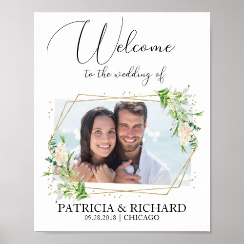 Elegant Greenery Photo Wedding Welcome Sign