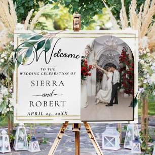 Elegant Greenery Photo Wedding Welcome Sign