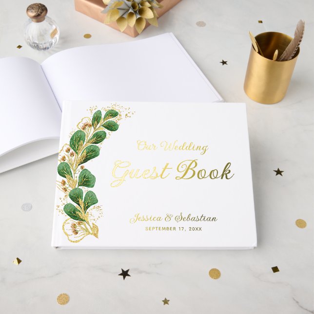 Elegant Greenery Photo White and Gold Wedding  Foil Guest Book (Front Open)