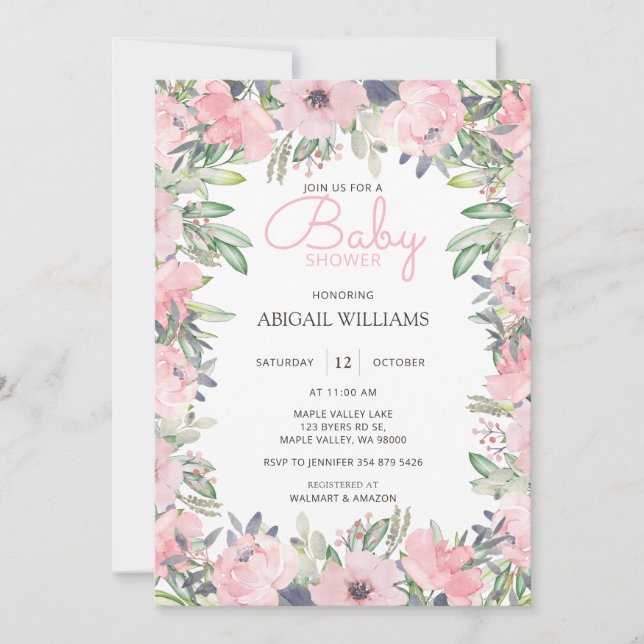 Elegant Greenery Pink Floral Baby Shower Invitation (Front)