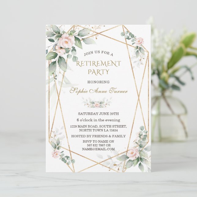 Elegant Greenery Pink Floral Gold Retirement Party Invitation (Standing Front)