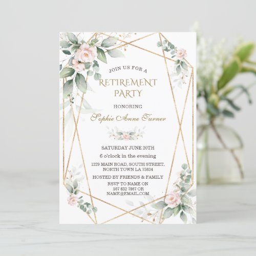Elegant Greenery Pink Floral Gold Retirement Party Invitation