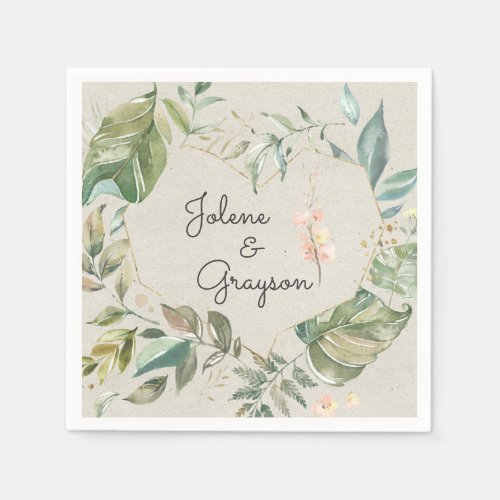 Elegant Greenery Pink Floral Personalized Wedding Napkins