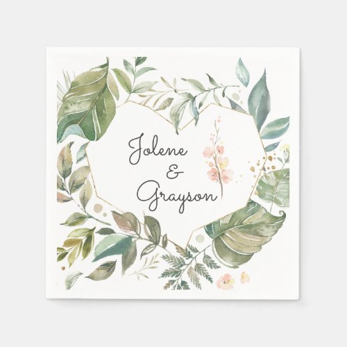 Elegant Greenery Pink Floral Personalized Wedding Napkins