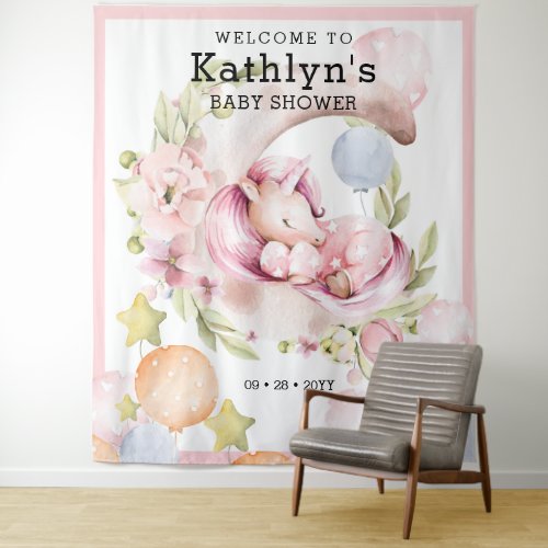 Elegant Greenery Pink Unicorn Girl Baby Shower Tapestry