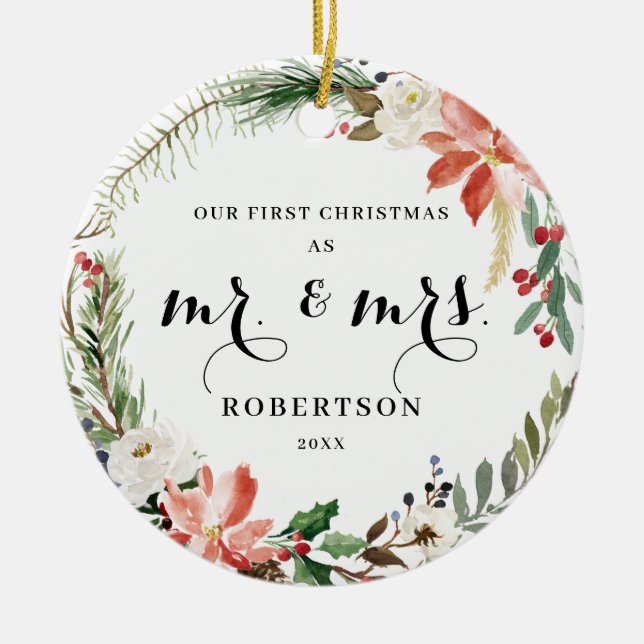 Elegant Greenery Poinsettia First Christmas Ceramic Ornament (Front)