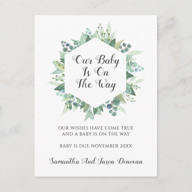Elegant Greenery Pregnancy Announcement Postcard (Front)