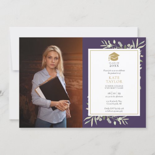 Elegant Greenery Purple Graduation Party Photo Inv Invitation