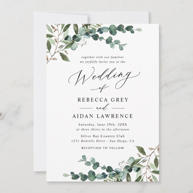 Elegant Greenery QR Code All-in-One Wedding Invitation (Front)