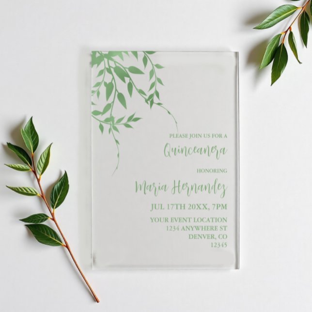Elegant Greenery Quinceañera Acrylic Invitations (Creator Uploaded)