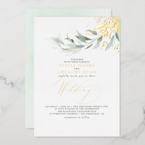 Elegant Greenery Real Gold Foil Boho Wedding Foil Invitation