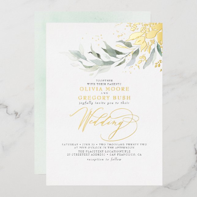 Elegant Greenery Real Gold Foil Boho Wedding Foil Invitation (Front/Back)