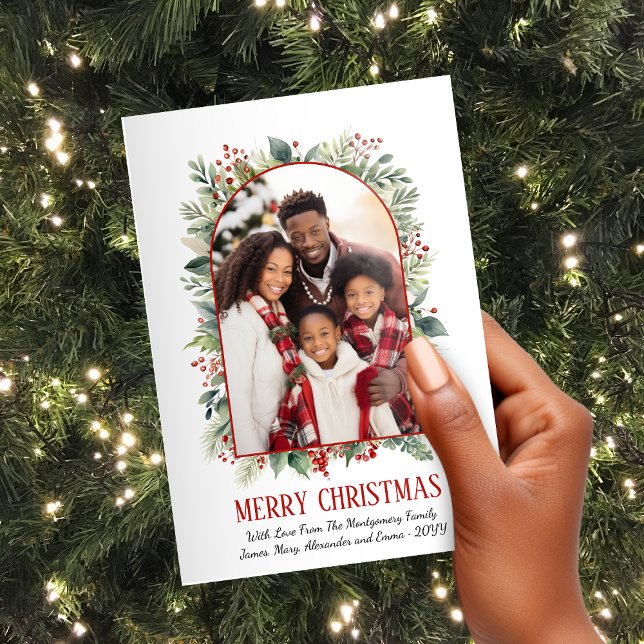 Elegant Greenery Red Arch Custom Photo Christmas Holiday Card (Elegant Greenery Red Arch Custom Photo Christmas Holiday Card)