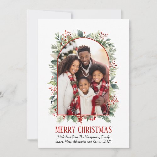 Elegant Greenery Red Arch Custom Photo Christmas Holiday Card