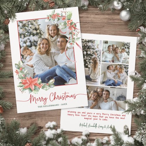 Elegant Greenery Red Bow Photo Christmas Holiday Card